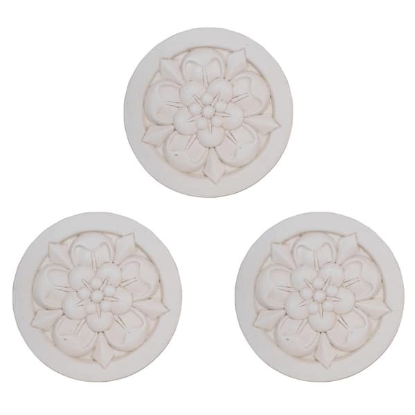 12 in. Dia Round Light Aged White Composite Small Floral Stepping Stone or Wall Plaque (Set of 3)