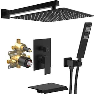 10 in. 1-Jet Shower System with Fixed and Hand Shower Head Tub Faucet in Matte Black
