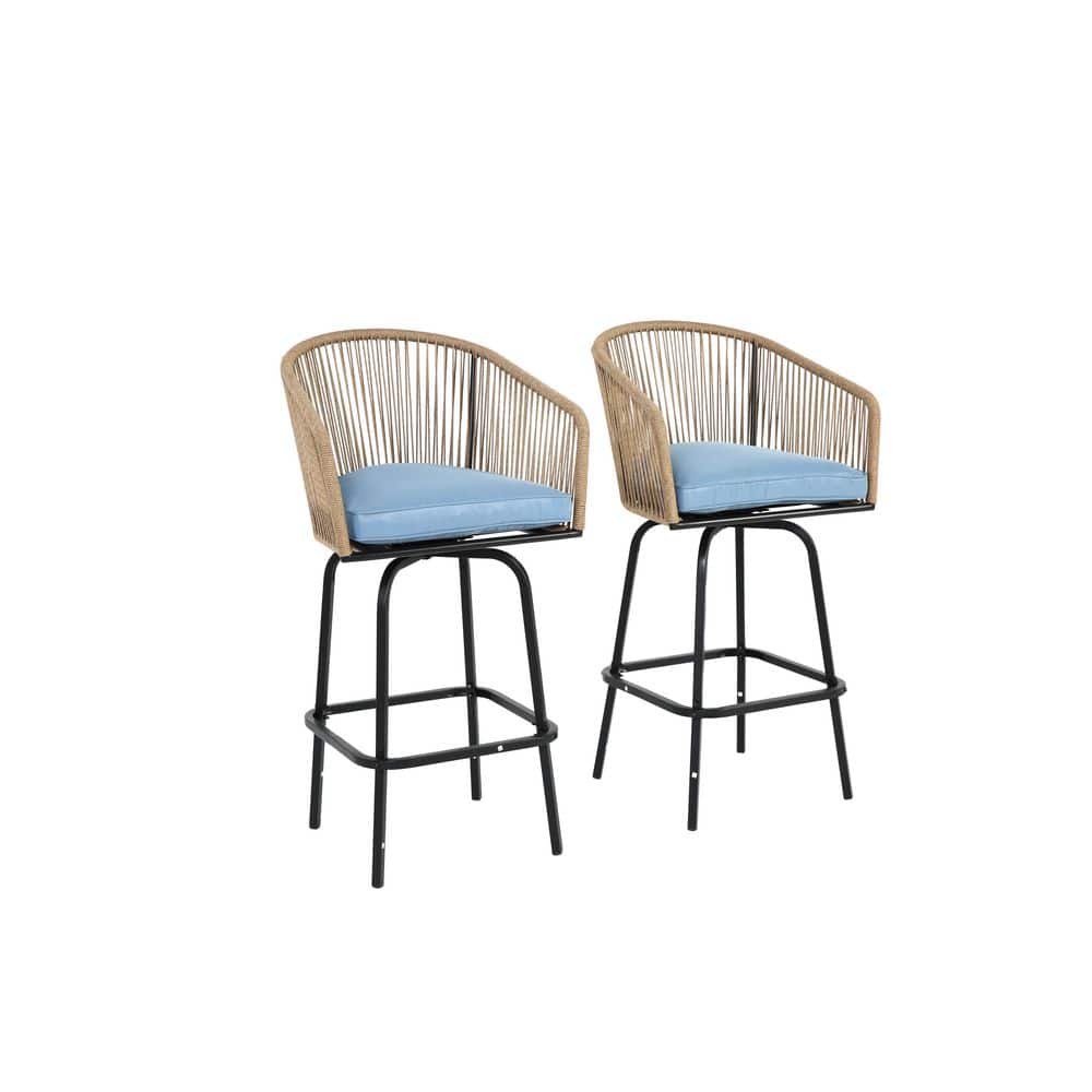 2-Piece Metal Outdoor Bar Stools with Armrests, All Weather Rattan Backrest