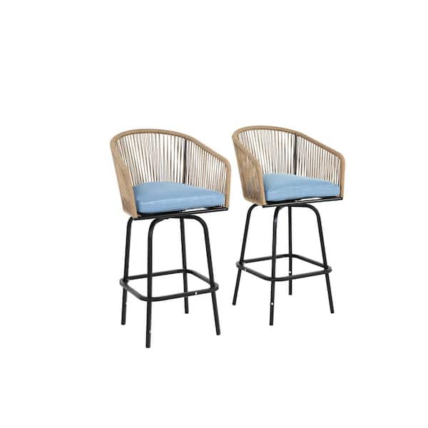 Unbranded 2-Piece Metal Outdoor Bar Stools with Armrests, All Weather Rattan Backrest and Blue Cushions for Backyard, Garden