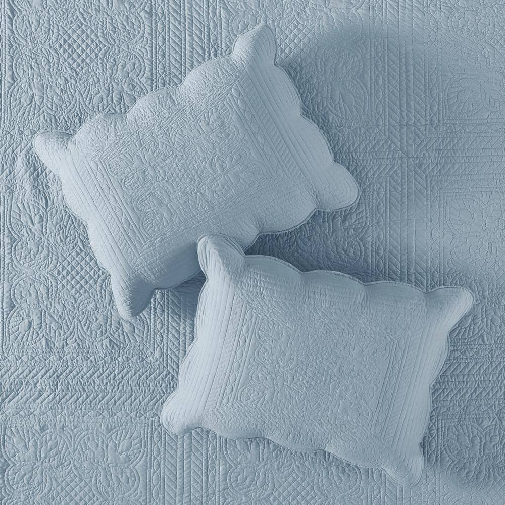 Blue Full Microfiber Reversible Scalloped Edge Quilt Set
