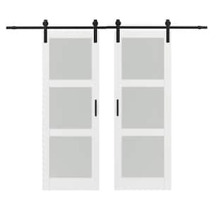 60 in. x 84 in. (Double 30 in. W Doors) 3-Lite Frosted Glass White Solid Hybrid Core MDF Sliding Barn Door Hardware Kit