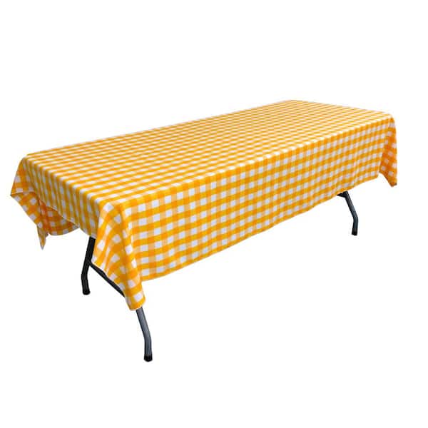 LA Linen 60 in. x 84 in. White and Dark Yellow Checkered Rectangular Tablecloth