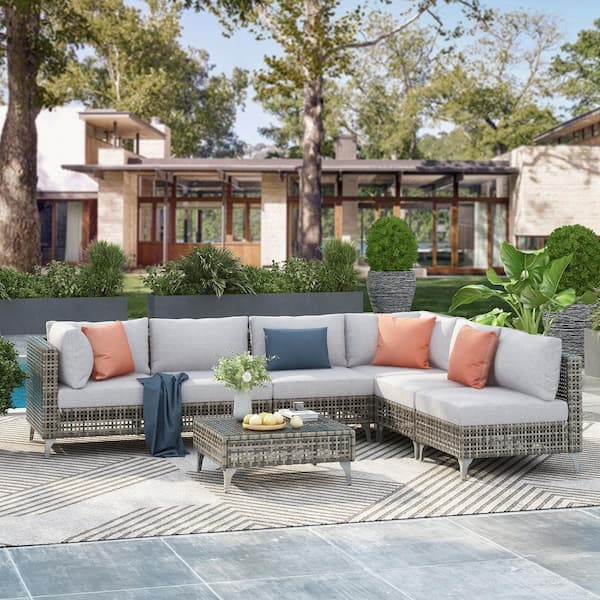 Cesicia 7-Piece Outdoor Patio Rattan Wicker Conversation Set Sectional Set with Water Resistant Gray Thick Cushions and Table