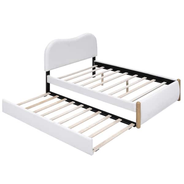 White Wood Frame Twin Platform Bed with Wood Supporting Feet and Twin Size Trundle