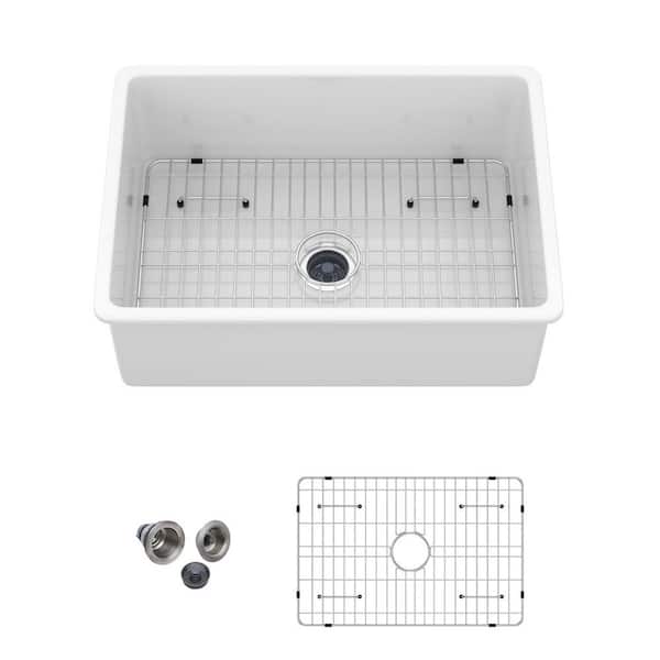 27 in. Drop-in Single Bowl No Gauge Applicable White Ceramic Kitchen Sink and Drain