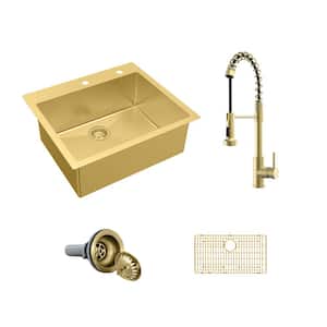 33 in. Drop-In Single Bowl 18-Gauge Gold Stainless Steel Kitchen Sink with Spring Neck Faucet