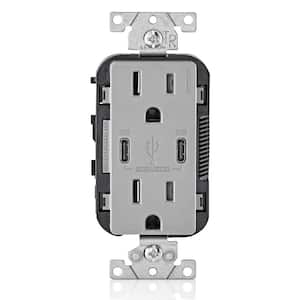 30-Watt 6 Amp USB Dual Type-C with Power Delivery In-Wall Charger/15 Amp 125-Volt Tamper-Resistant Outlet, Gray