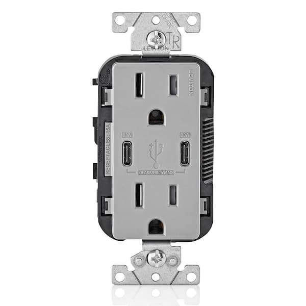 Leviton 30-Watt 6 Amp USB Dual Type-C with Power Delivery In-Wall Charger/15 Amp 125-Volt Tamper-Resistant Outlet, Gray