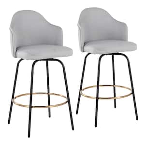 Ahoy 37 in. Light Grey Fabric & Black Metal Counter Height Bar Stool with Round Gold Footrest (Set of 2)