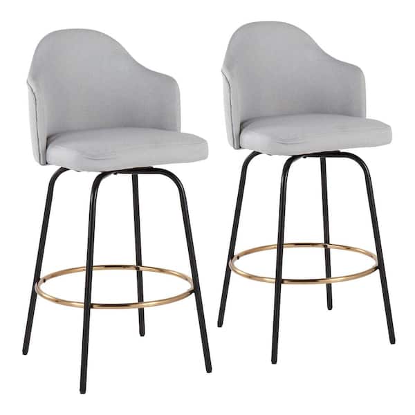 Lumisource Ahoy 37 in. Light Grey Fabric & Black Metal Counter Height Bar Stool with Round Gold Footrest (Set of 2)