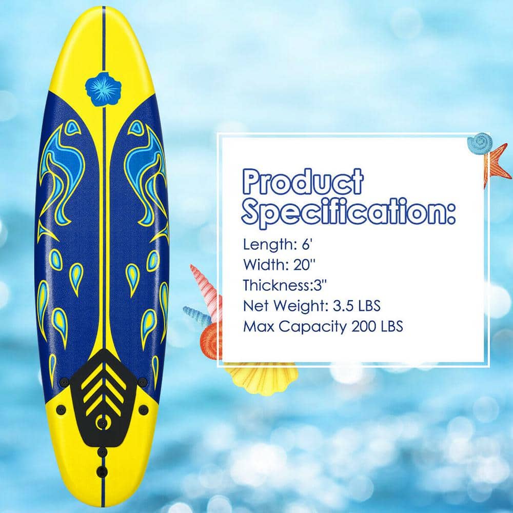 Yellow and Blue Foam Surfboard with Fins and Leash