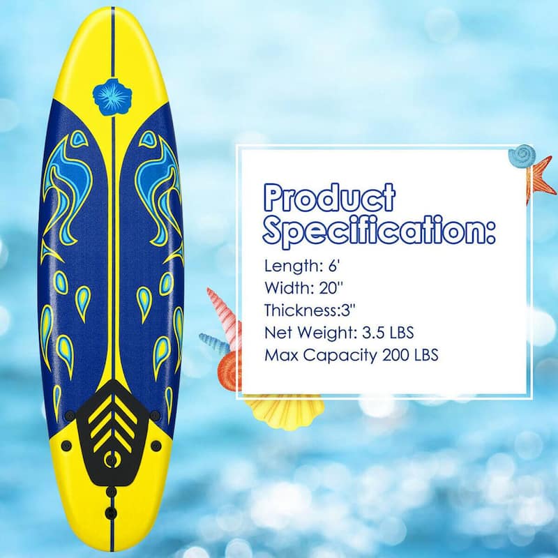 72 in. Yellow Surfboard Foamie Body Surfing Board W/3 Fins & Leash for Kids Adults