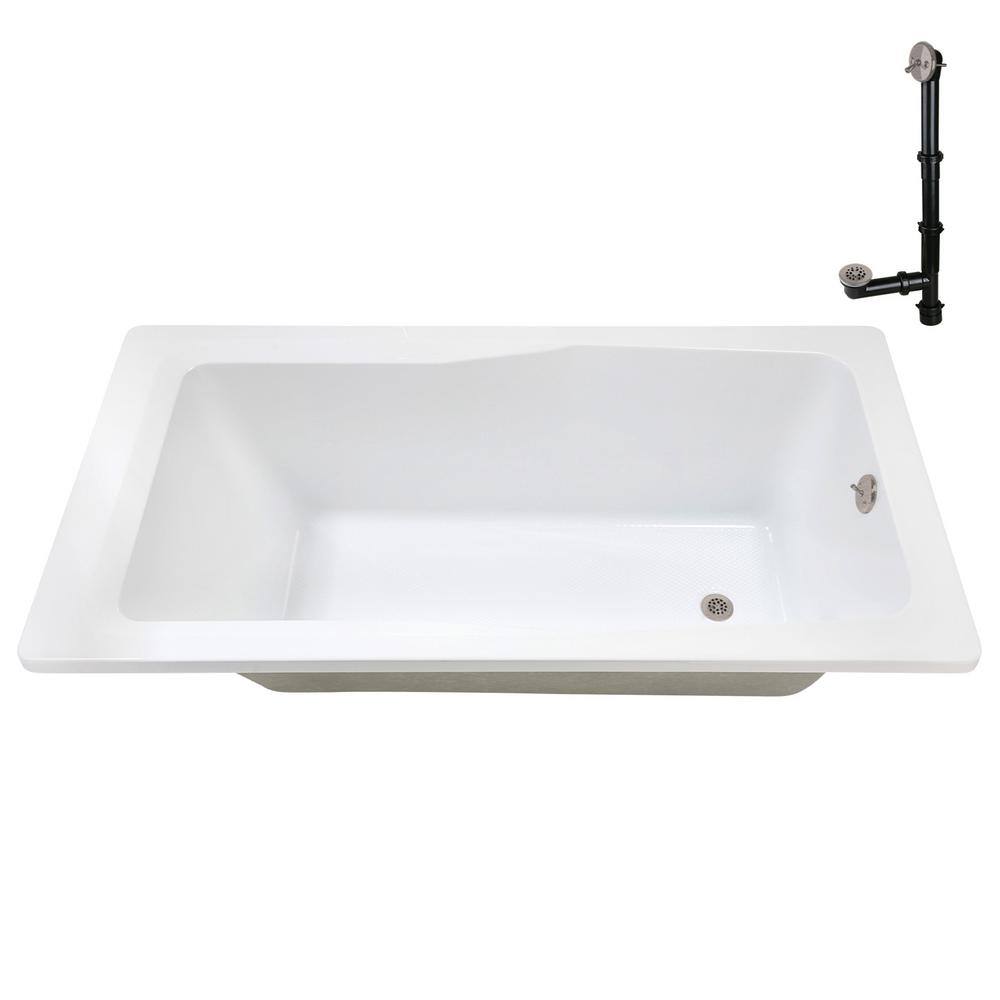 66'' Glossy White Acrylic Soaking Drop-In Bathtub with Brushed Nickel Drain