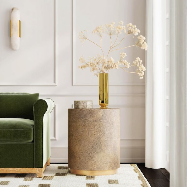 Olenka 20 in. W Gold & Black Round Leather & Metal Side Table