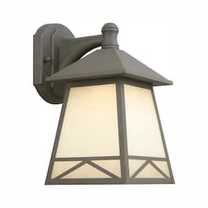 11.7 in. Bronze LED Outdoor Wall Lantern Sconce with Frosted Tea Stain Glass