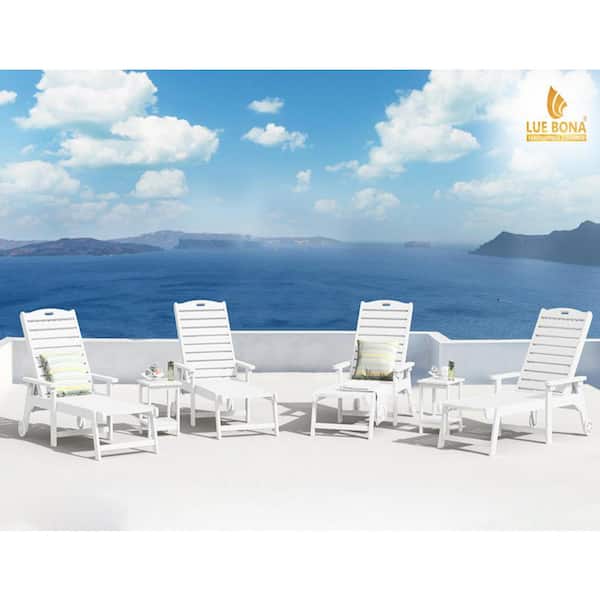 LUE BONA Hampton White Patio Plastic Outdoor Chaise Lounge Chair with Adjustable Backrest Pool Lounge Chair and Wheels Set of 3