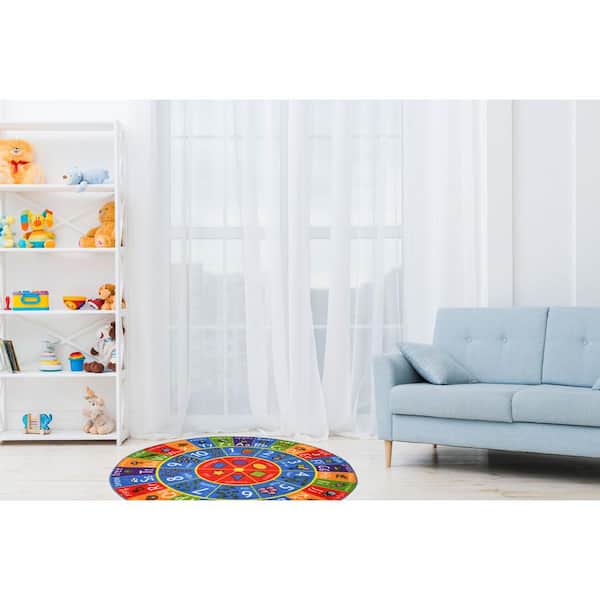 Multi-Color Boy Girl Kids Nursery Playroom Educational Learning ABC Alphabet, Numbers and Shapes 3' x 3' Round Area Rug