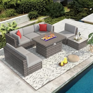 8-Piece Gray Wicker Outdoor Patio Conversation Set with 44 in. Fire Pit and Gray Cushions