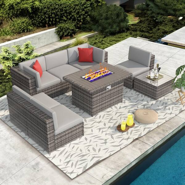 SUNMTHINK 8-Piece Gray Wicker Outdoor Patio Conversation Set with 44 in. Fire Pit and Gray Cushions