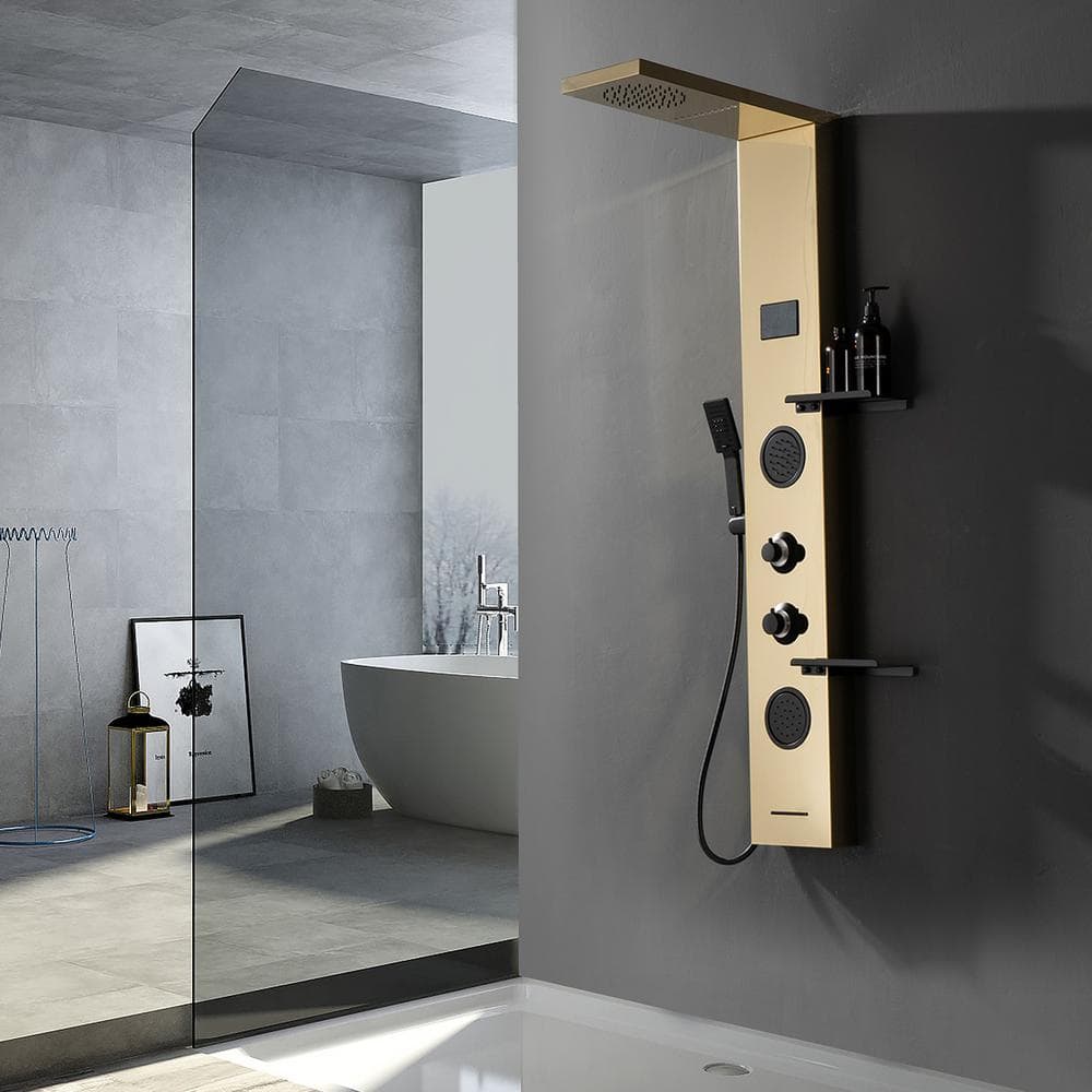 Gold and Black Stainless Steel Shower Panel System with Rainfall Shower Head