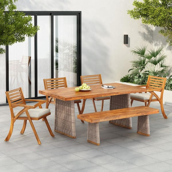 Overton 6-Piece Solid Wood and Wicker Patio Outdoor Dining Set with Beige Cushions and Bench, Teak Finish + Brown