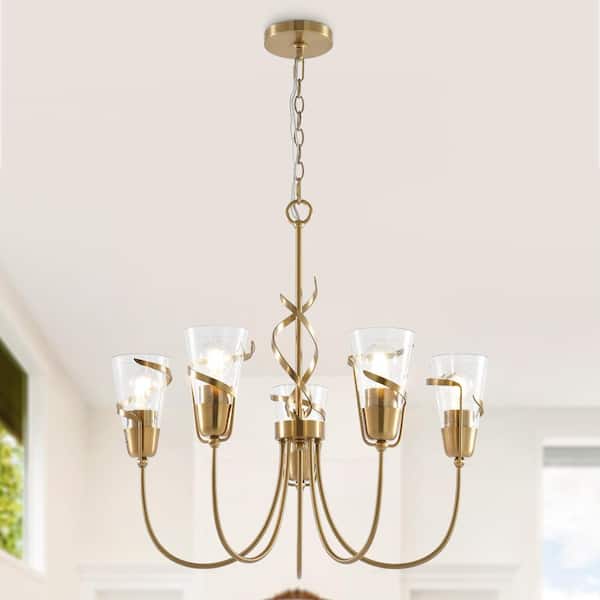 5-Light Gold Chandelier with Glass Shade for Kitchen Island Foyer