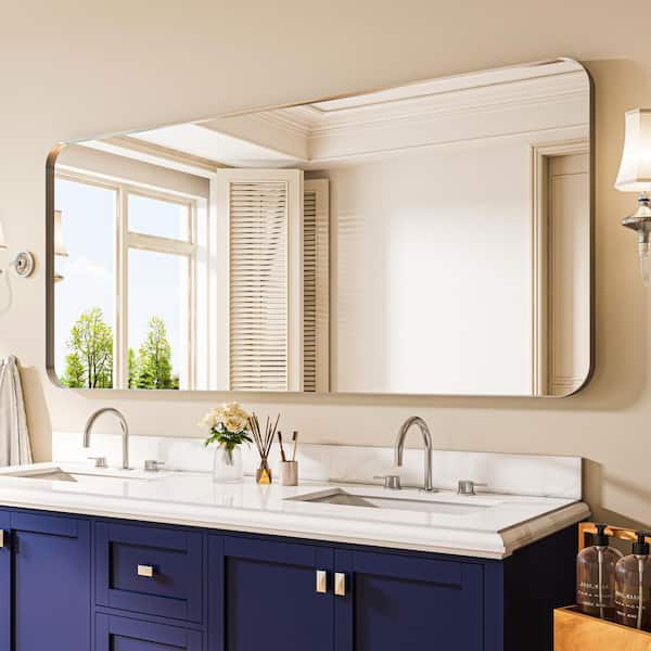 72 in. W x 32 in. H Rectangular Aluminum Framed Wall Bathroom Vanity Mirror in Silver