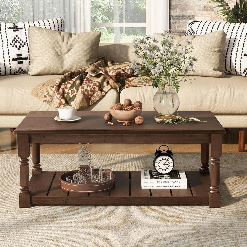 Brown 45.3 in. Farmhouse Rectangle Wood Coffee Table Cocktail Table with Slatted Lower Shelf and Turned Solid Wood Legs