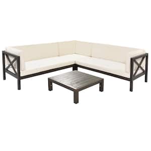 4-Piece Wood Outdoor Sofa Sectional Set with Coffee Table Beige Cushions