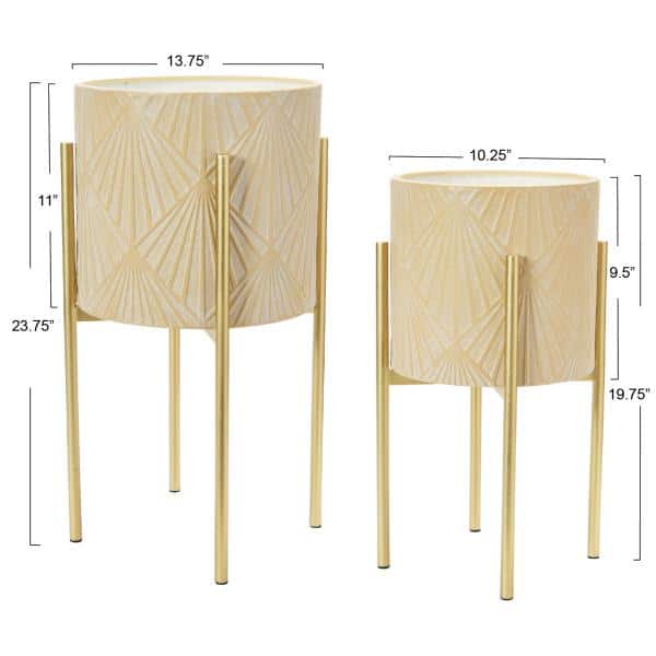 Cream and Gold Embossed Metal Planters with Stands, Set of 2