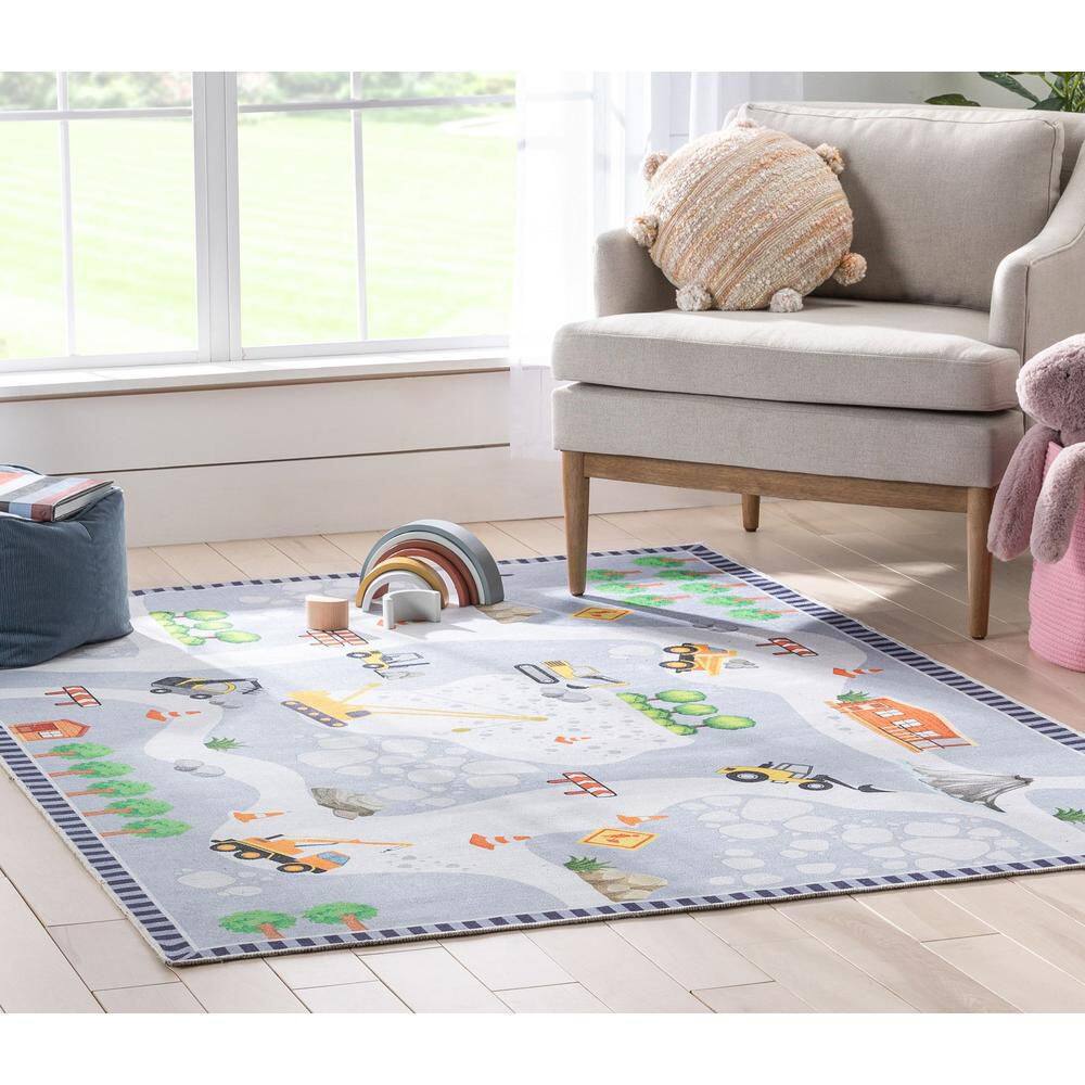 Gray Synthetic Chenille Kids Construction Playmat Rug 5' x 7'