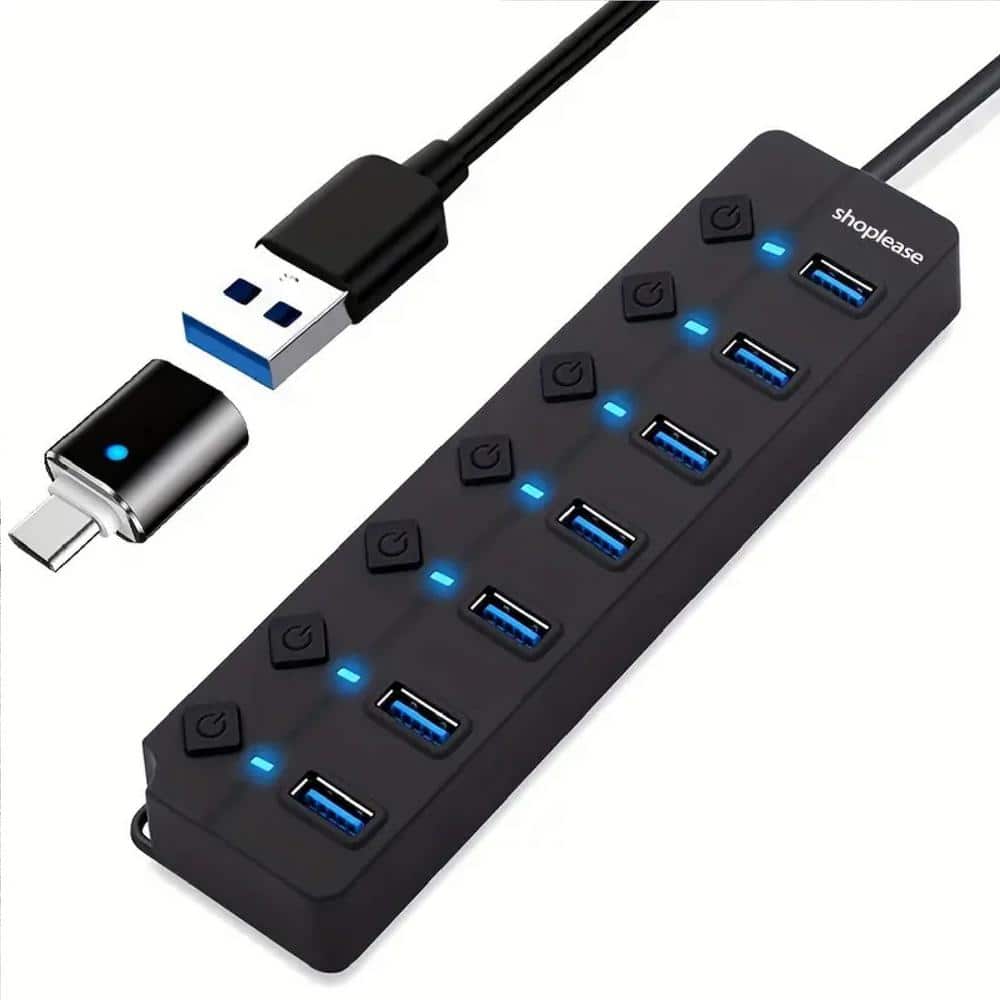 Etokfoks USB 3.0 Splitter, 7-Port USB 3.0 Hub With Individual Power  Switches And Portable Expansion Data Hub With Type C Adapter MLPH007LT404 -  The Home Depot