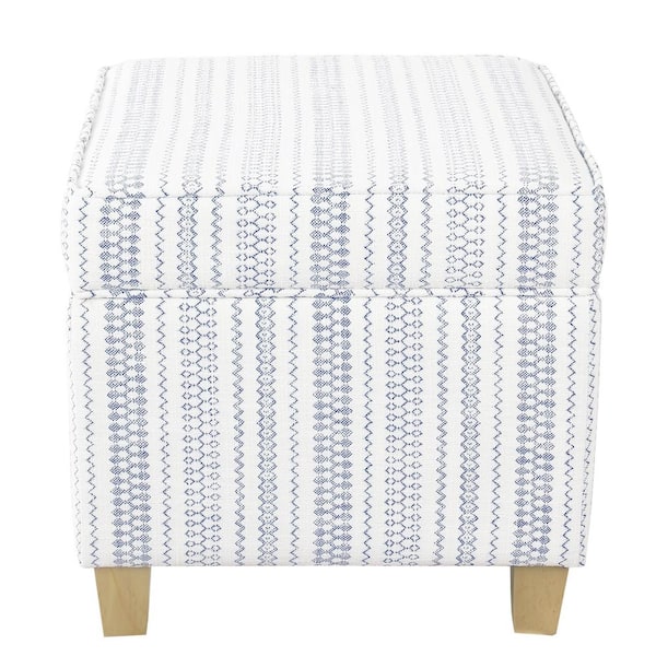 Homepop Square Blue Stripe Ottoman with Lift-Off