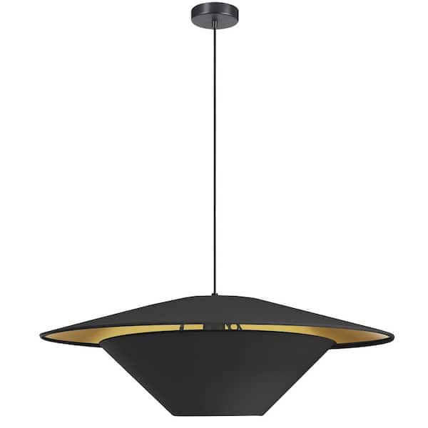 Dainolite Poseidon 1-Light Matte Black Shaded Pendant Light with Black/Gold Fabric Shade