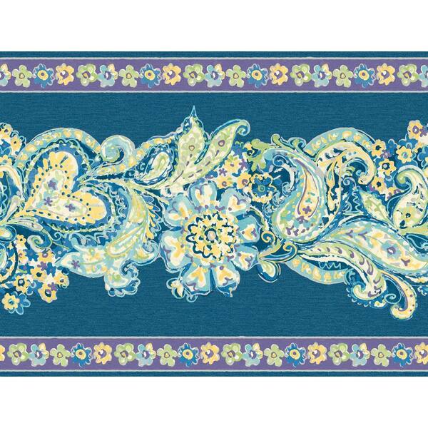 The Wallpaper Company 20.5 in. x 15 ft. Blue and Purple Paisley and Petals Border