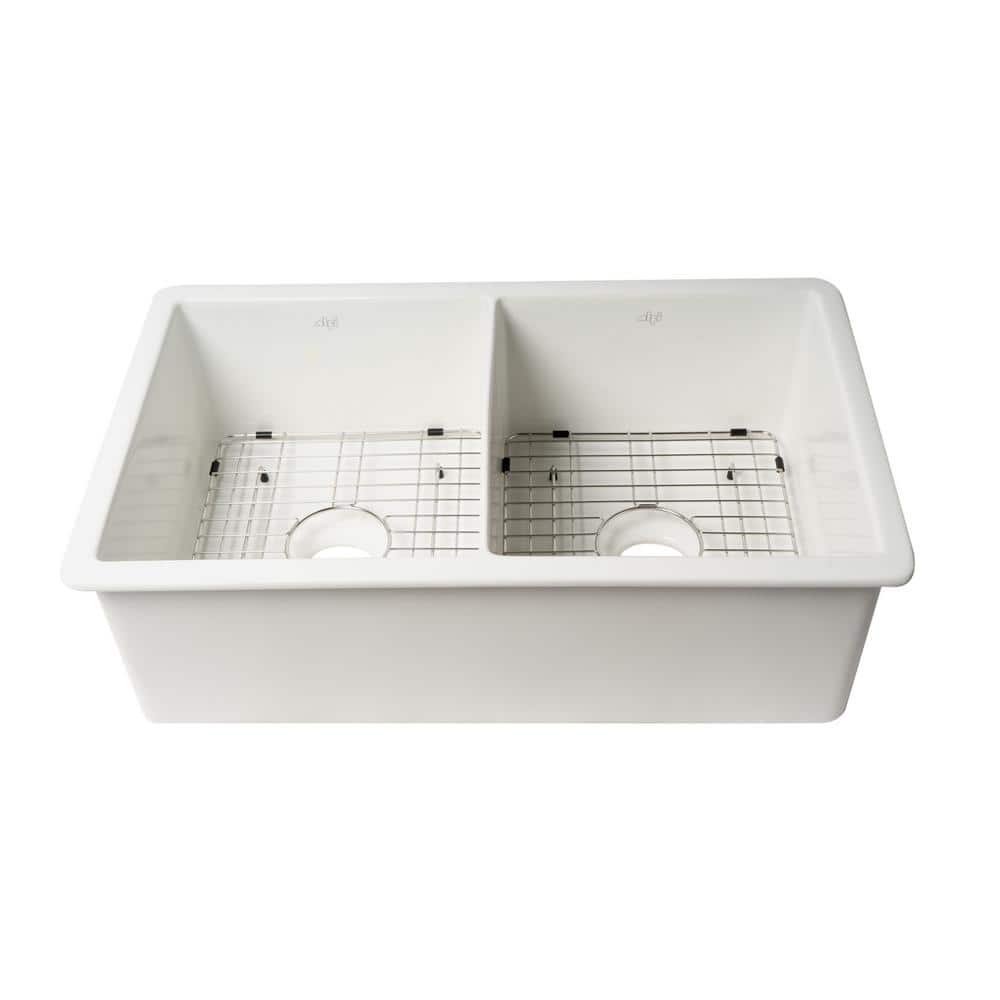 White 32" Double Bowl Fireclay Farmhouse Drop-In Sink