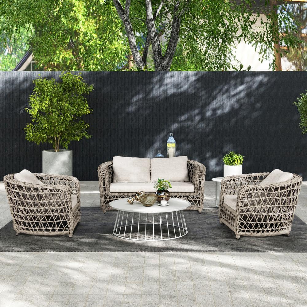 Everly 63.5" Woven Aluminum Patio Loveseat Sofa in Oat Beige