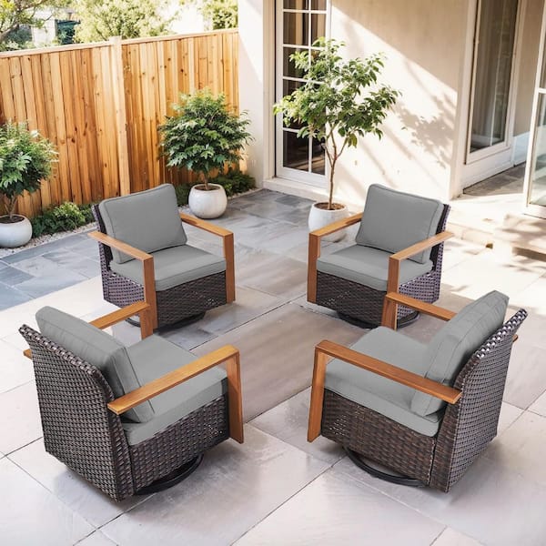 Kove 4-Piece Brown Wicker Outdoor Rocking Chair Patio Conversation Swivel Glider Set with Gray Cushions