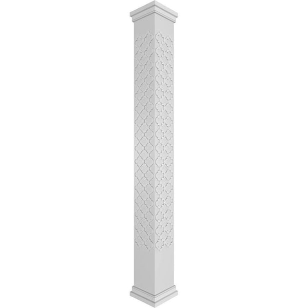 Ekena Millwork 11-5/8 in. x 8 ft. Premium Square Non-Tapered Medium Marrakesh Fretwork PVC Column Wrap Kit w/Prairie Capital and Base