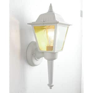 13.75 in. White 1-Light Outdoor Wall Lamp with Clear Beveled Glass Shade