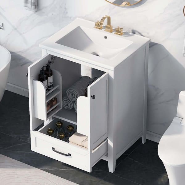 24 in. W Freestanding Bath Vanity in White with White Ceramic Top