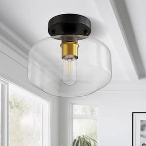 1-Light Black Industrial Drum Shaded Semi Flush Mount Ceiling Light with Clear Glass Shade for Hallway