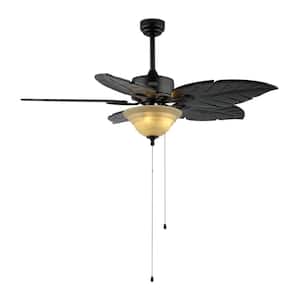 Poinciana 52 in. 3-Light Coastal Bohemian Indoor, Black Iron/Wood Palm Leaf LED Ceiling Fan with Pull Chain