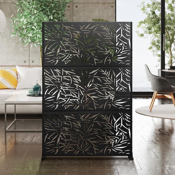 72 in. x 47 in. Outdoor Metal Privacy Screen Garden Fence in Bamboo Leaves Pattern in Black