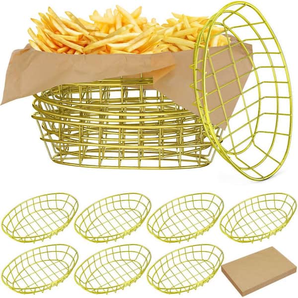 Gold Iron Oval Wire Breadbasket Set with 50 Deli Wrapper Paper for Restaurant Kitchen and Fast Food (12-Piece Set)