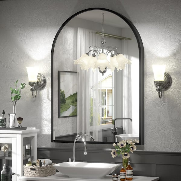 42 in. W x 30 in. H Arched Aluminum Alloy Framed French Cleat Mounted Wall Decor Bathroom Vanity Mirror in Matte Black