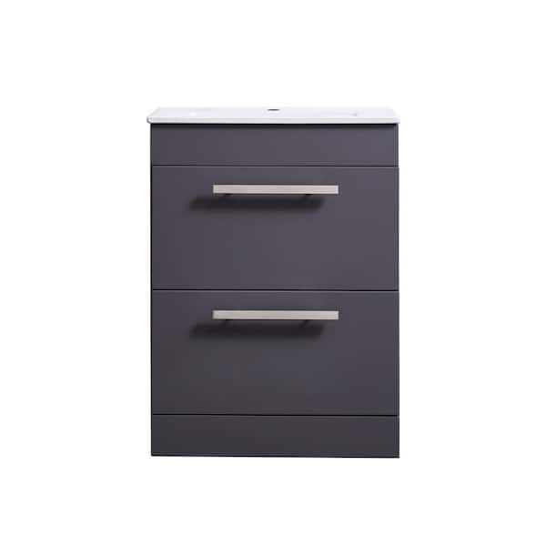 VAPSINT 24 in. W x 15 in. D x 32 in. H 2-Drawers Bathroom Vanity Cabinet in Dark Gray with Single White Ceramic Sink