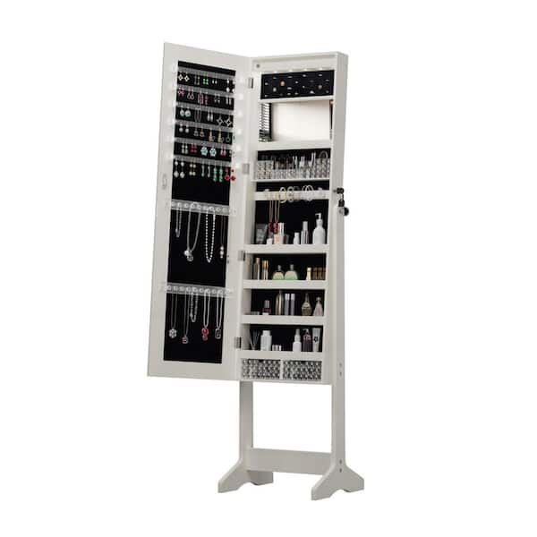 White 16.1 in. W x 63.5 in. H Wood Full-Length Mirror Jewelry Cabinet with Lockable Storage for Dressing Areas