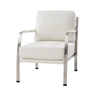 Marte White Modern Genuine Leather Armchair with Solid Stainless-Steel Frame